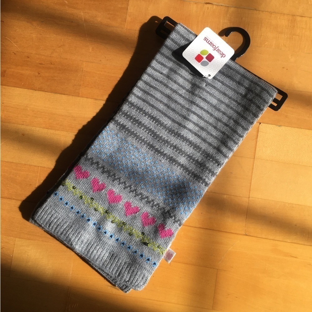Dearfoams Fairisle Striped Scarf with Hearts, Sequins, Fray, Pink, Green - Picture 14 of 16